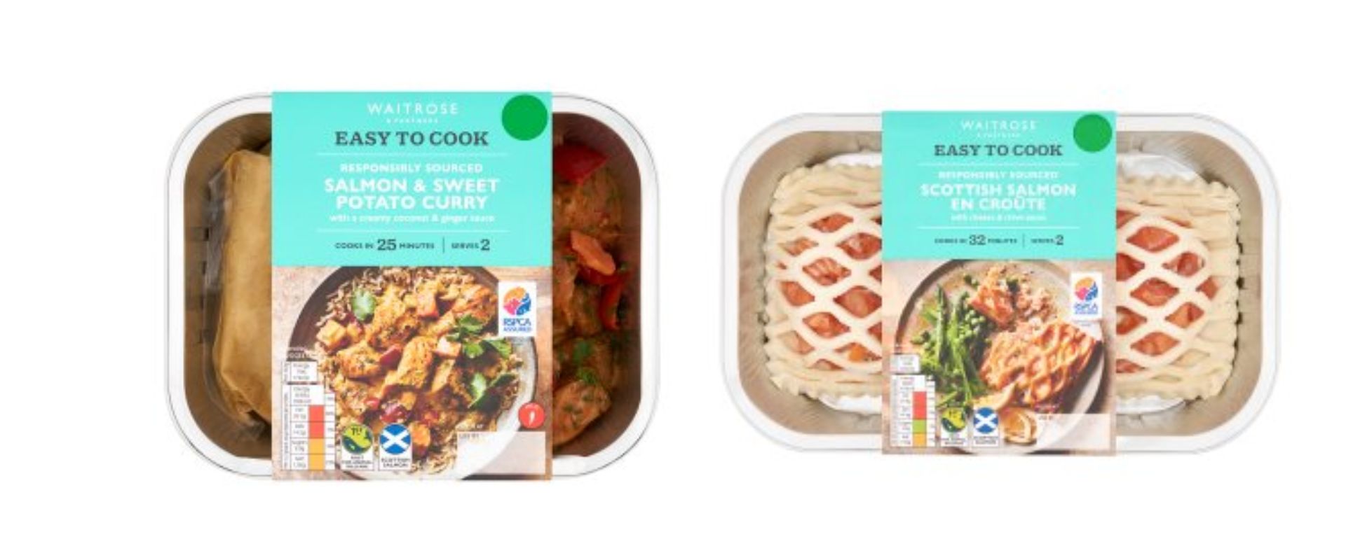 Waitrose Easy to Cook Scottish Salmon En Croute with Cheese and Chive Sauce and Waitrose Easy to Cook Salmon and Sweet Potato Curry