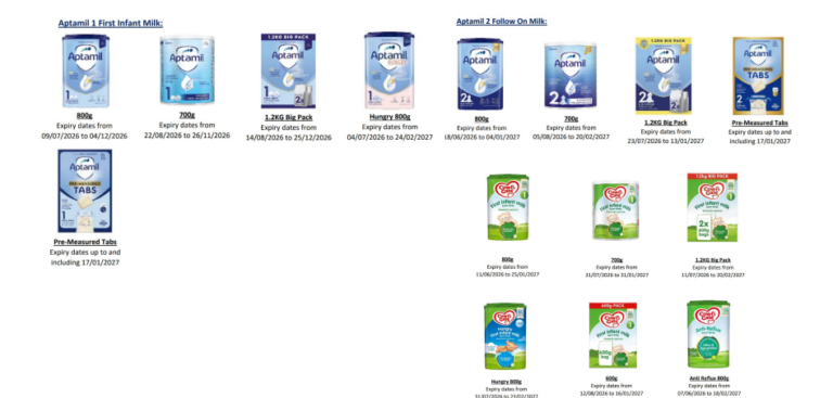 Infant formula recalls - Several Aptamil and Cow & Gate First Infant