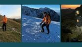 Andrew hiking - first image hiking up a hill with rope, second image hiking in snow, third image hiking at night